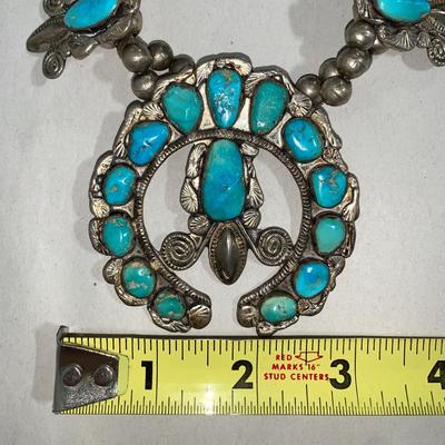 Native American Pawn Silver and Turquoise Squash Blossom Necklace
