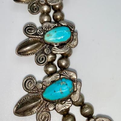 Native American Pawn Silver and Turquoise Squash Blossom Necklace