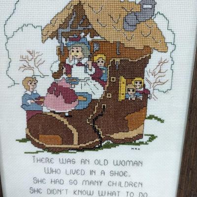 Framed Embroidery "Old Woman Who Lived In A Shoe"