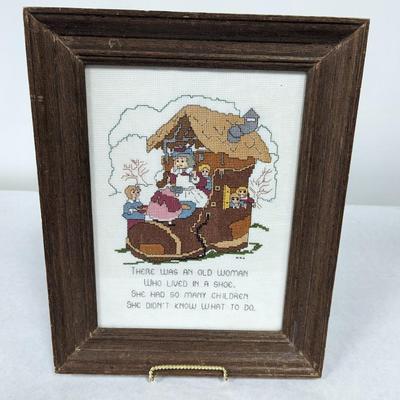Framed Embroidery "Old Woman Who Lived In A Shoe"
