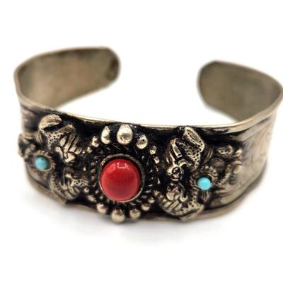 Lot #80D Vintage Sterling Silver Cuff Bracelet - Carnelian/Turquoise