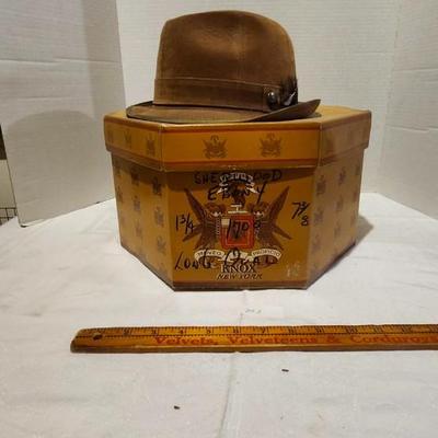 Vintage Genuine Suede Fedora Hat 7 3/8 Stevens with Vintage Knox Hat Box, Octagon