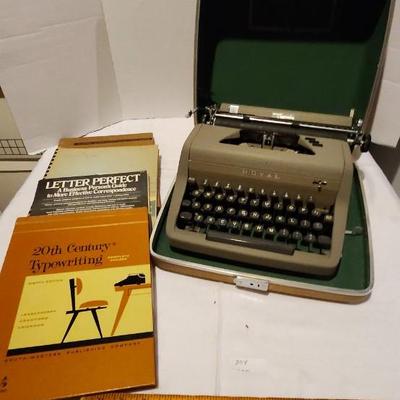 Vintage Tan and Green Royal Quiet De Luxe Portable Typewriter w/ Carrying Case and Typewriting books