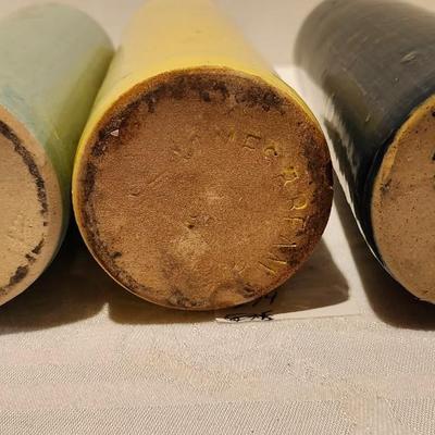 Vintage JAMES B BEAM 11" Stoneware Bottle Green, Yellow and Blue