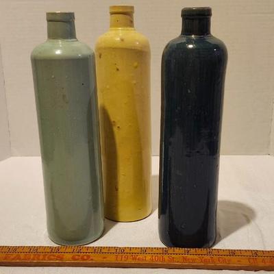 Vintage JAMES B BEAM 11" Stoneware Bottle Green, Yellow and Blue