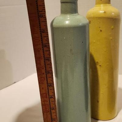 Vintage JAMES B BEAM 11" Stoneware Bottle Green, Yellow and Blue