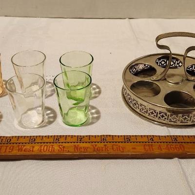 Vintage Depression Colored Shot Glasses with Silverplated Serving Tray, with Uranium grass
