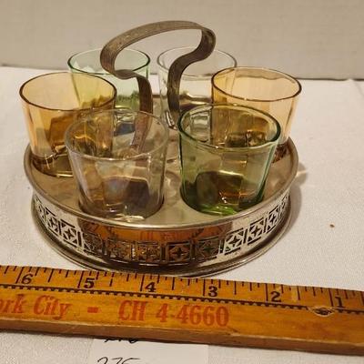 Vintage Depression Colored Shot Glasses with Silverplated Serving Tray, with Uranium grass