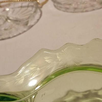 Vintage 12.5” x 10.5 " Green Uranium Glass Divided Relish Tray Plate and 2 clear Divided Relish Tray