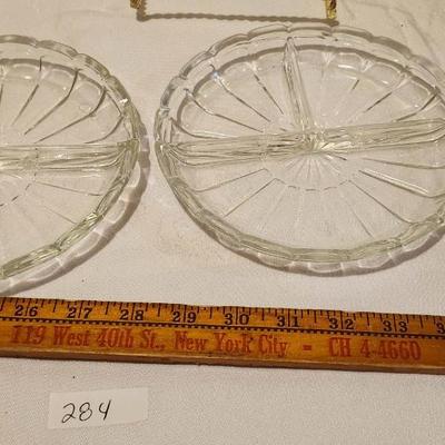 Vintage 12.5” x 10.5 " Green Uranium Glass Divided Relish Tray Plate and 2 clear Divided Relish Tray