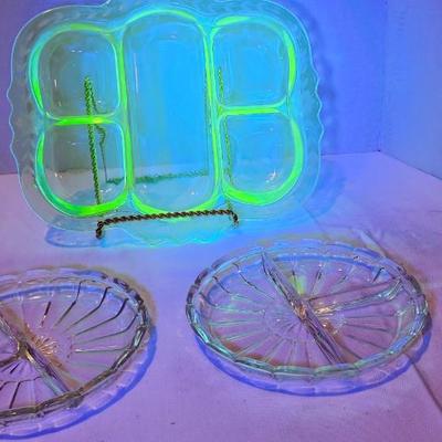 Vintage 12.5” x 10.5 " Green Uranium Glass Divided Relish Tray Plate and 2 clear Divided Relish Tray