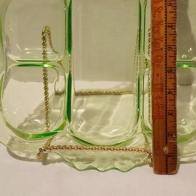 Vintage 12.5” x 10.5 " Green Uranium Glass Divided Relish Tray Plate and 2 clear Divided Relish Tray