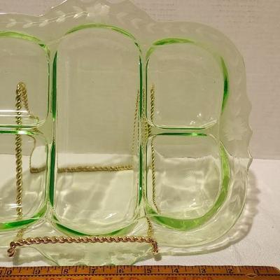 Vintage 12.5” x 10.5 " Green Uranium Glass Divided Relish Tray Plate and 2 clear Divided Relish Tray