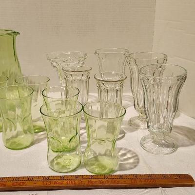 Vintage Green Uranium Vaseline Glass Pitcher and 6 Glasses, Ice Cream Sundae Glasses
