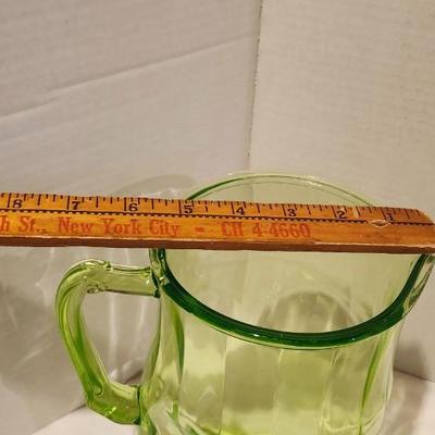 Vintage Green Uranium Vaseline Glass Pitcher and 6 Glasses, Ice Cream Sundae Glasses