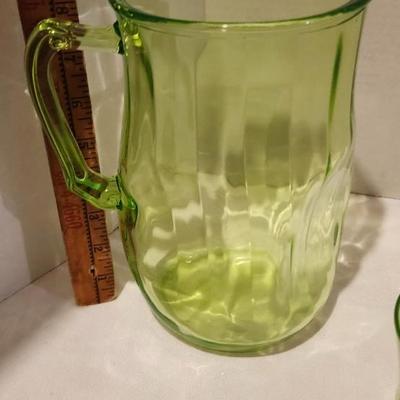 Vintage Green Uranium Vaseline Glass Pitcher and 6 Glasses, Ice Cream Sundae Glasses