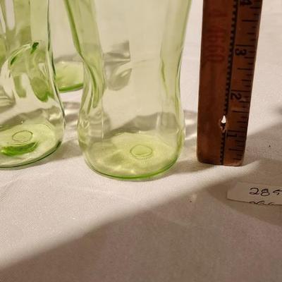 Vintage Green Uranium Vaseline Glass Pitcher and 6 Glasses, Ice Cream Sundae Glasses