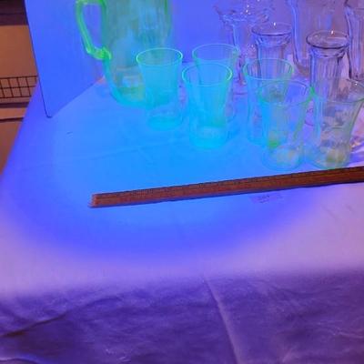 Vintage Green Uranium Vaseline Glass Pitcher and 6 Glasses, Ice Cream Sundae Glasses