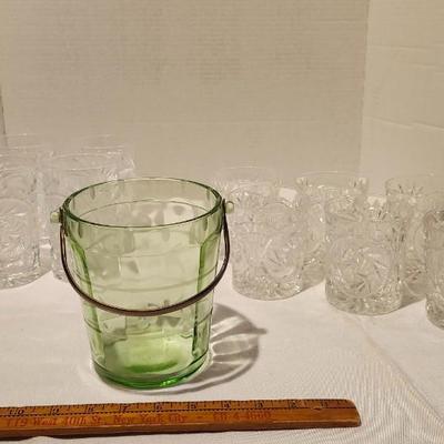 Vintage Uranium Green & Etched Depression Glass Ice Bucket and crystal cocktail glasses
