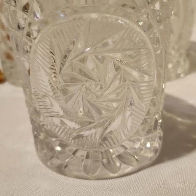 Vintage Uranium Green & Etched Depression Glass Ice Bucket and crystal cocktail glasses