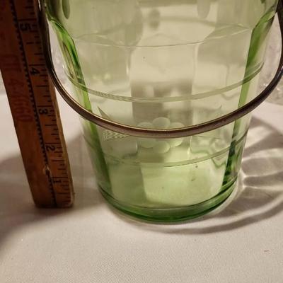 Vintage Uranium Green & Etched Depression Glass Ice Bucket and crystal cocktail glasses