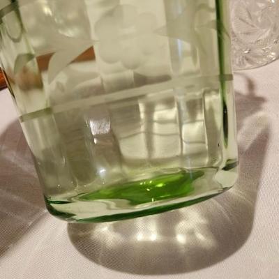 Vintage Uranium Green & Etched Depression Glass Ice Bucket and crystal cocktail glasses