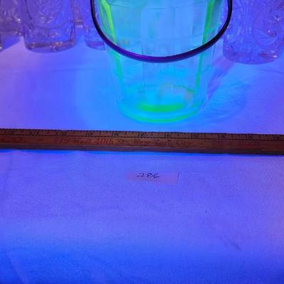 Vintage Uranium Green & Etched Depression Glass Ice Bucket and crystal cocktail glasses