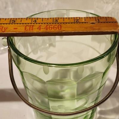 Vintage Uranium Green & Etched Depression Glass Ice Bucket and crystal cocktail glasses