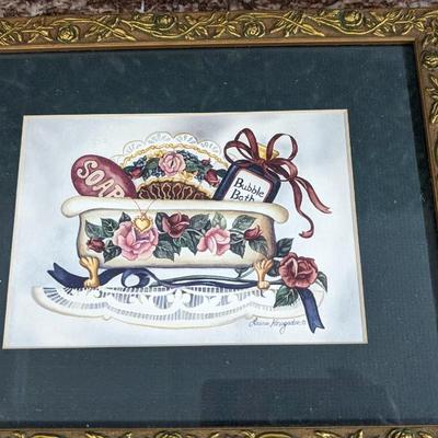 Framed Bathroom Art Soap Bubble Bath Antique Tub Roses Lace Doilies