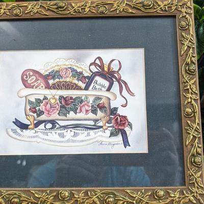 Framed Bathroom Art Soap Bubble Bath Antique Tub Roses Lace Doilies