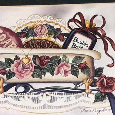 Framed Bathroom Art Soap Bubble Bath Antique Tub Roses Lace Doilies