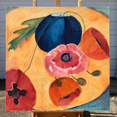 102 Original Oil on Canvas "Poppies" with Blue Vase by Ellen Into