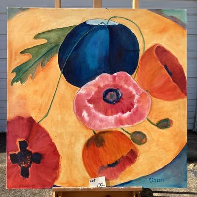 102 Original Oil on Canvas "Poppies" with Blue Vase by Ellen Into