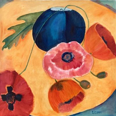 102 Original Oil on Canvas "Poppies" with Blue Vase by Ellen Into