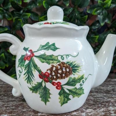 Maxcera Christmas Cardinal Teapot White Porcelain Holly Handcrafted in China