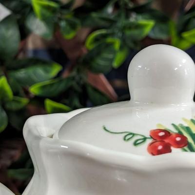 Maxcera Christmas Cardinal Teapot White Porcelain Holly Handcrafted in China