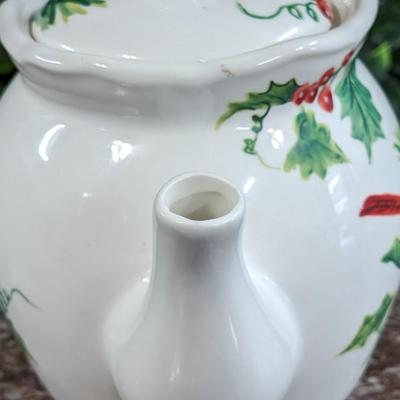 Maxcera Christmas Cardinal Teapot White Porcelain Holly Handcrafted in China