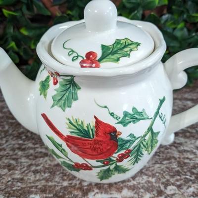 Maxcera Christmas Cardinal Teapot White Porcelain Holly Handcrafted in China