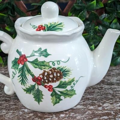 Maxcera Christmas Cardinal Teapot White Porcelain Holly Handcrafted in China