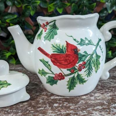 Maxcera Christmas Cardinal Teapot White Porcelain Holly Handcrafted in China
