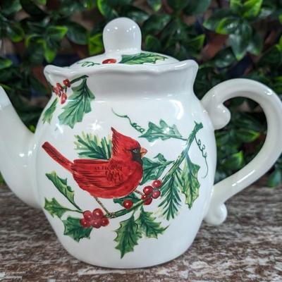 Maxcera Christmas Cardinal Teapot White Porcelain Holly Handcrafted in China