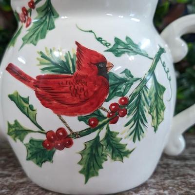 Maxcera Christmas Cardinal Teapot White Porcelain Holly Handcrafted in China