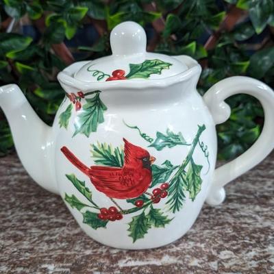 Maxcera Christmas Cardinal Teapot White Porcelain Holly Handcrafted in China