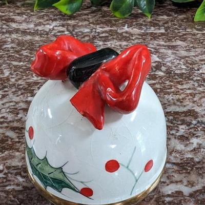 Vintage Christmas Bell Sugar Bowl Hand Painted Italy Serving Dish with Bow and Spoon Porcelain