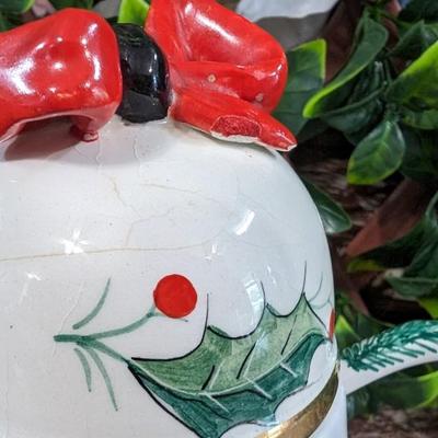 Vintage Christmas Bell Sugar Bowl Hand Painted Italy Serving Dish with Bow and Spoon Porcelain