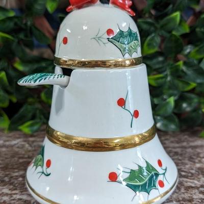 Vintage Christmas Bell Sugar Bowl Hand Painted Italy Serving Dish with Bow and Spoon Porcelain