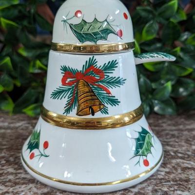 Vintage Christmas Bell Sugar Bowl Hand Painted Italy Serving Dish with Bow and Spoon Porcelain