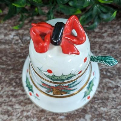 Vintage Christmas Bell Sugar Bowl Hand Painted Italy Serving Dish with Bow and Spoon Porcelain