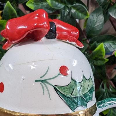 Vintage Christmas Bell Sugar Bowl Hand Painted Italy Serving Dish with Bow and Spoon Porcelain