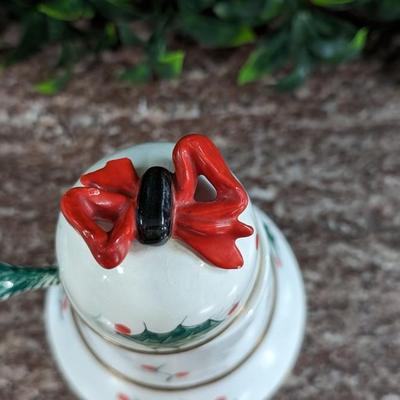 Vintage Christmas Bell Sugar Bowl Hand Painted Italy Serving Dish with Bow and Spoon Porcelain